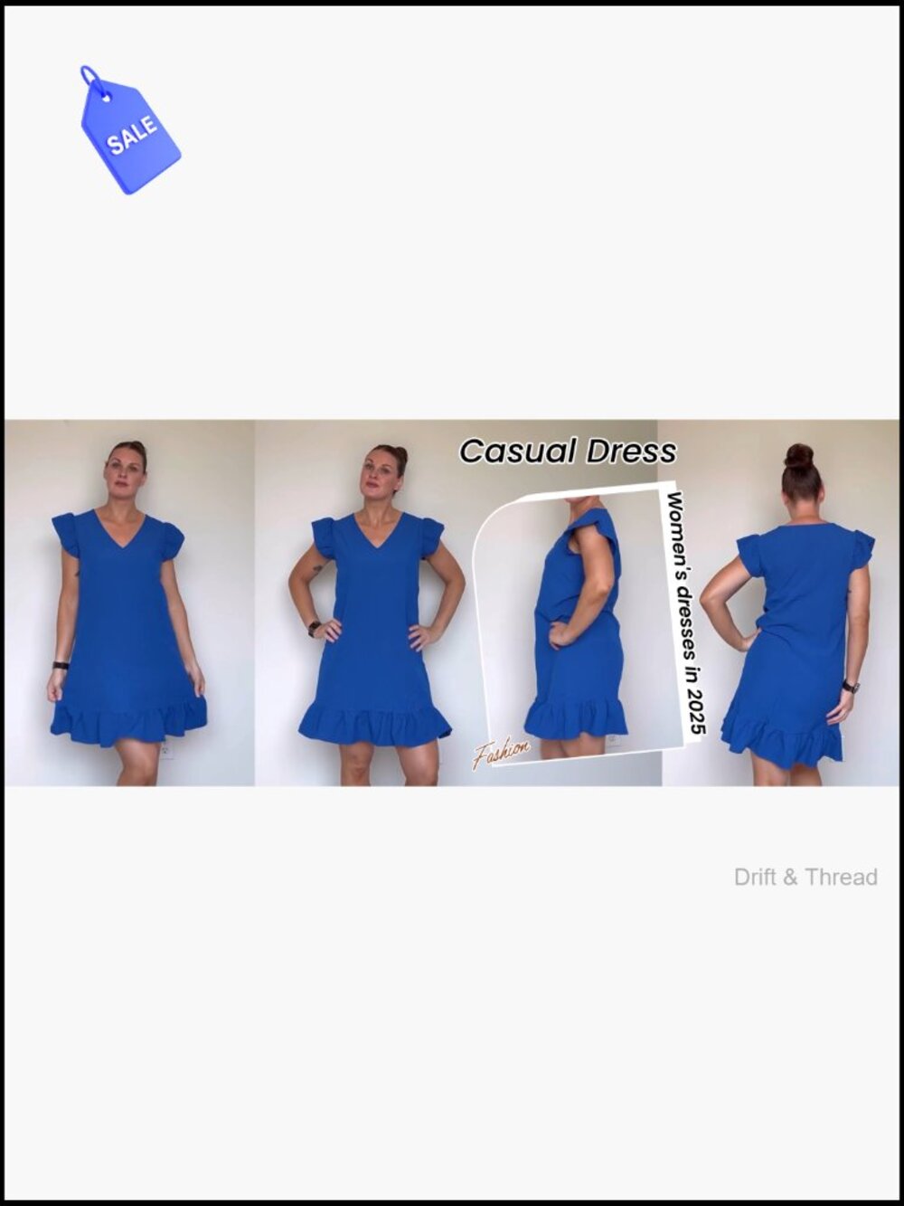 V-Neck Cap Sleeve Ruffle Hem Smock Short Casual Beach Dress - Picture 7 of 7